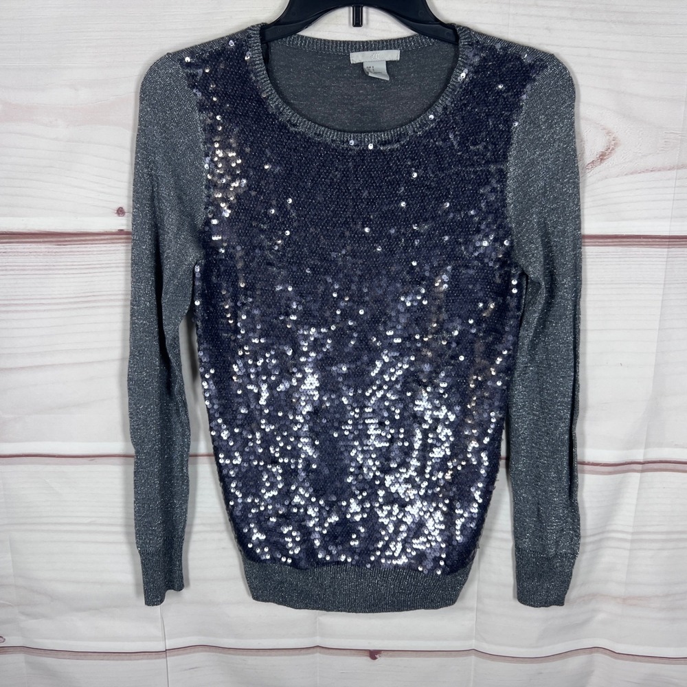 H&M Sweater Women Small Gray Sequin Front Metallic Knit Long Sleeve Pullover